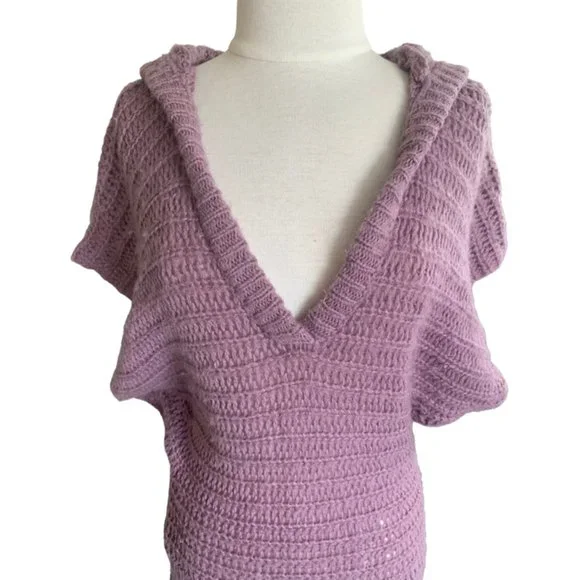 Free People Lavender Batwing Short Sleeve Hooded Loose Knit Wool Sweater - Picture 2 of 7